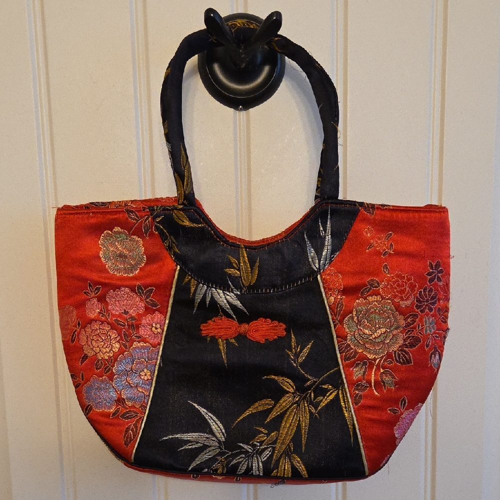 Embroidered Silk Red and Black Floral Tote Bag